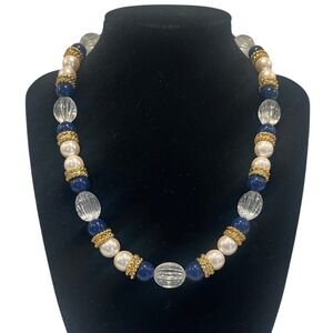 Beaded Necklace Faux Pearl Navy Blue and Clear Bead Gold Tone Clasp Statement